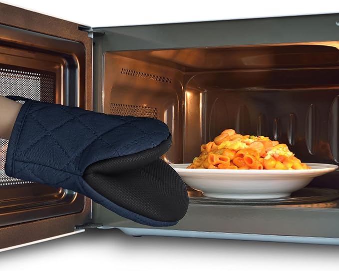 1 Pair Short Oven Mitts, Heat Resistant Silicone Kitchen Mini Oven Mitts for 500 Degrees, Non-Slip Grip Surfaces and Hanging Loop Gloves, Baking Grilling Barbecue Microwave Machine Washable
