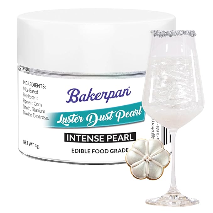Bakerpan Pearl Luster Dust Edible, Intense White Edible Glitter for Cocktails, 4 Grams Edible Glitter for Cake Decorating, Cookies, Chocolates and Candies, Drinks (Made in USA)