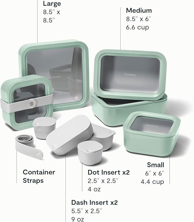 Caraway 14pc Glass Food Storage Container Set - Easy to Store, Non Toxic Lunch Box - with Glass Lids - Includes Storage Organizer & Dot & Dash Inserts - Mist