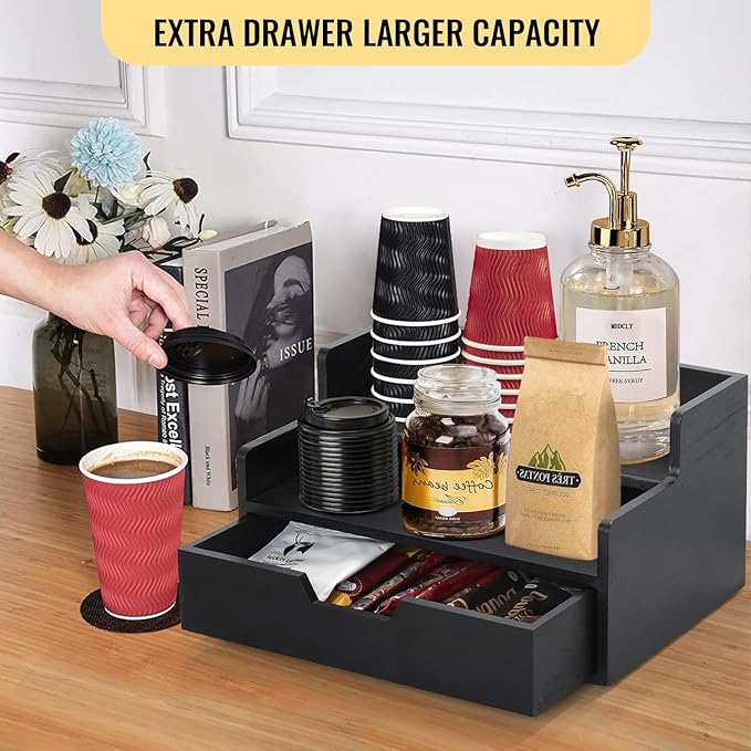 Coffee Pod Holder with Drawer, 3-Tier Wood K Cup Organizer for Countertop, Coffee Bar Organizer Storage Box, Coffee Station Organizer for Kitchen Coffee Station Decor