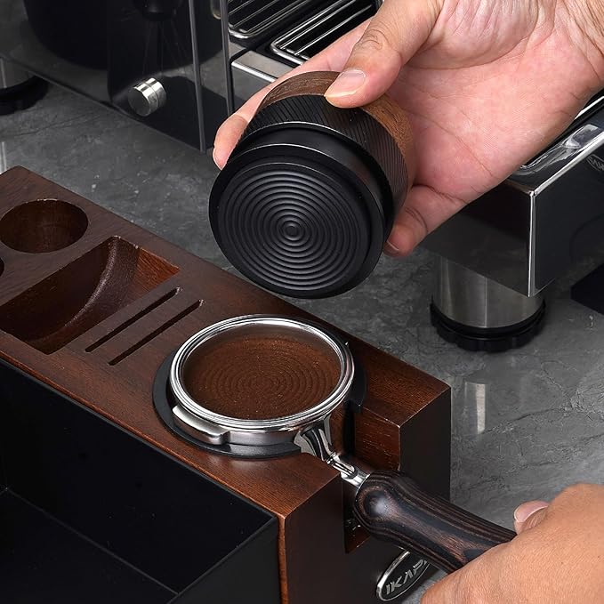 IKAPE 51MM Espresso Tamper, New Wooden Handle Design，Premium Barista Coffee Calibrated Tamper with Spring Loaded, 100% Stainless Steel Tamper Compatible with All 51MM Bottomless Portafilter