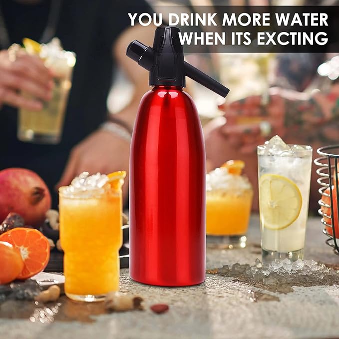1L Portable Home Soda Maker – Aluminum Soda Siphon, Vintage Seltzer Bottle for DIY Homemade Carbonated Drinks, Sparkling Water Maker for Healthy Soda Water & Cocktails (Red)