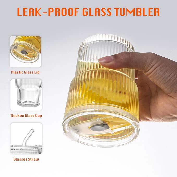13oz/400ML Glass Tumbler with Straw and Lid Ribbed Vertical Ice Coffee Cups Sealed Carry on for Coffee Iced Tea, Thick Wall Glassware Tumbler Water Glass (Clear 2pcs)