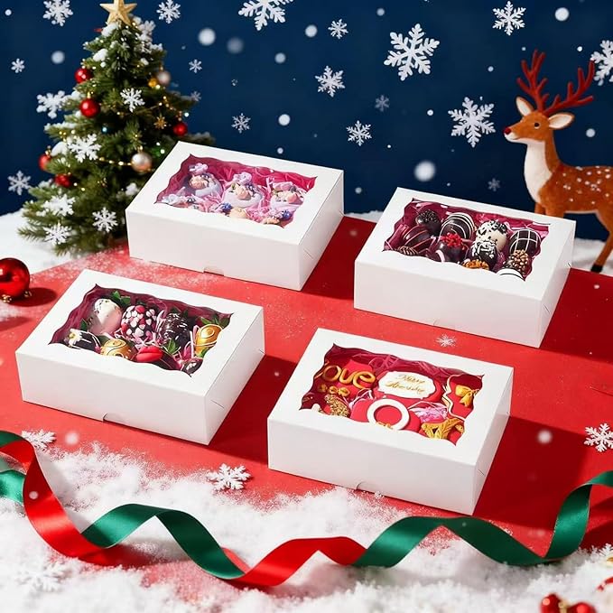 8x6x2.5 Inch 50PCS Baking Boxes with Window for Pastry,Treat,Macaron,Dount,Cookies,Chocolate Covered Strawberries,White Bakery Boxes Strawberry Boxes,Muffins