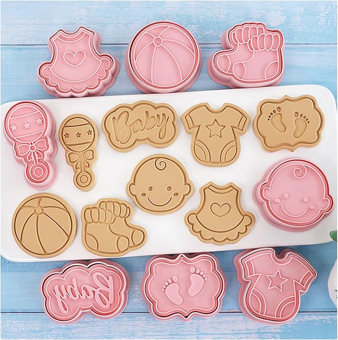 8 Pcs Cute Baby Shower Cookie Cutters for Baking Plastic Cookie Stamps Newborn Party Biscuit Mould Set DIY Fondant Biscuit Stamps Kitchen Tools(L8)