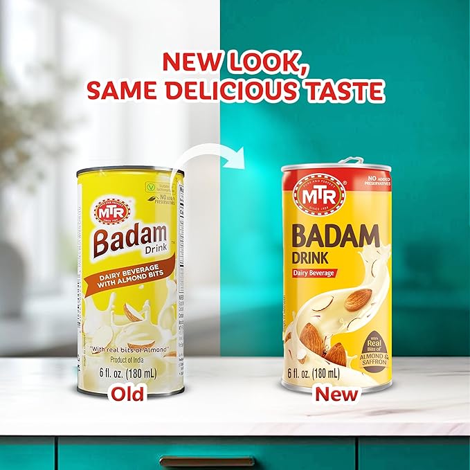 MTR Badam Drink, Ready-to-Drink - Authentic Indian Almond Milk Beverage, Real Bits of Almond & Saffron, No Added Preservatives, No Added Artificial Flavors & Colors, Gluten-Free, Refreshing Drink, Perfect for Anytime Refreshment, Pack of 6