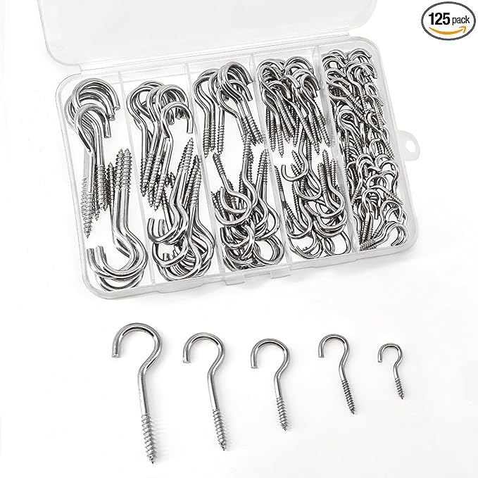 125 Pcs Screw Hooks in 5 Sizes – Cup Hooks for Hanging Plants, Mugs, Lights, and Ceiling Storage (Silver)