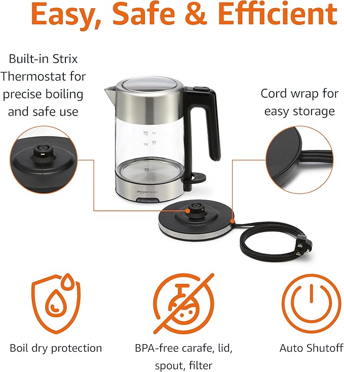 Amazon Basics Electric Kettle with Glass Carafe for Tea and Coffee, BPA-Free, Fast Boiling, Auto Shut-Off, 1.8 Quarts, 1500W, Black and Silver