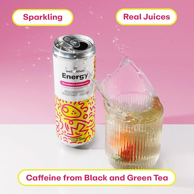 WellWithAll Energy Drink - Natural Caffeine from Tea - Healthy Energy Drink - Lightly Sparkling - Blend of Fruit and Veggie Juices - 12 Oz (Pack of 12) (12 Fl Oz (Pack of 12), Strawberry Lemonade)