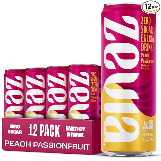 Zevia Zero Sugar Energy Drink, Peach Passionfruit, 12 oz Cans (12-Pack) – Naturally Sweetened, Non-GMO Project Verified, Gluten-Free, Vegan