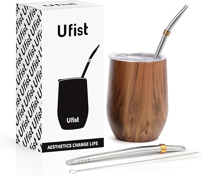 Yerba Mate Cup with Lid, 2 Bombillas, Cleaning Brush, 11.8oz Stainless Steel Double-Wall Insulated Gourd (Wood)