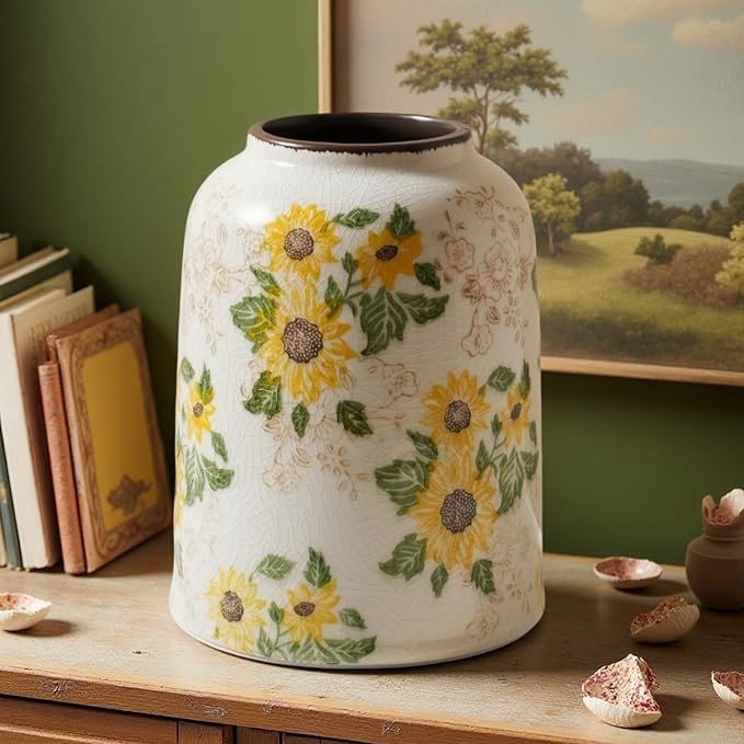 Vintage Ceramic Vase, 7.9 Inch Chinoiserie Sunflower Yellow Floral Vases, Retro Ice Cracked Rustic Antique Flower Vases for Modern Coffee Table Home Decor (Medium Cylinder)