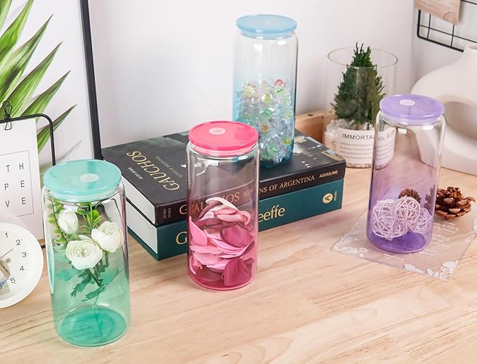 Joyclub 20oz Glass Cups with Acrylic Lids and Straws 12 Set Can Shaped Glass Iced Coffee Cups with Lids, Gradient Drinking Glasses Cute Tumbler Cup Great for Smoothie Soda Boba Tea Cocktail Beer Gift