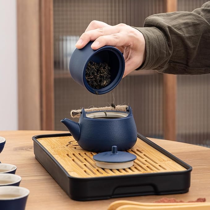 Travel tea set,Portable ceramic tea set,Chinese tea set,Tea sets for adults,Tea pot sets,Portable Travel Bag,Home,Gifting,Outdoor and Office,茶具 (Blue)