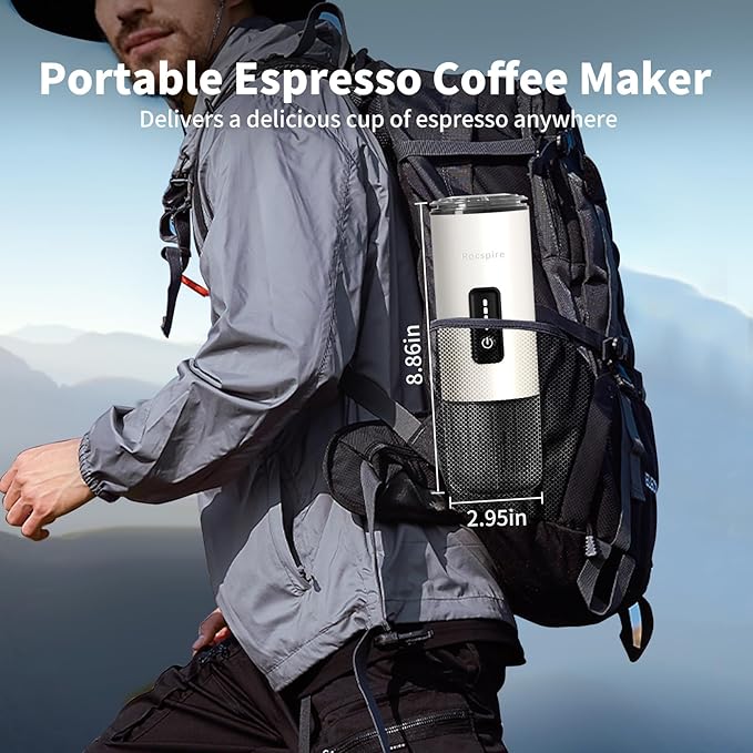 Stainless Steel Portable Espresso Maker | 7500mAh Rechargeable Battery | 20 Bar Self-Heating with USB-C | Works with Most Capsules Compatible for Camping, Travel, Outdoor (White)