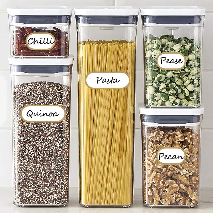 192pcs Removable Bottle Labels Waterproof Self-Adhesive Kitchen Home Edit Food Label Stickers with Gold Border for Food Containers Mason Jars Storage Bins Daycare Organization,with Marker Pen