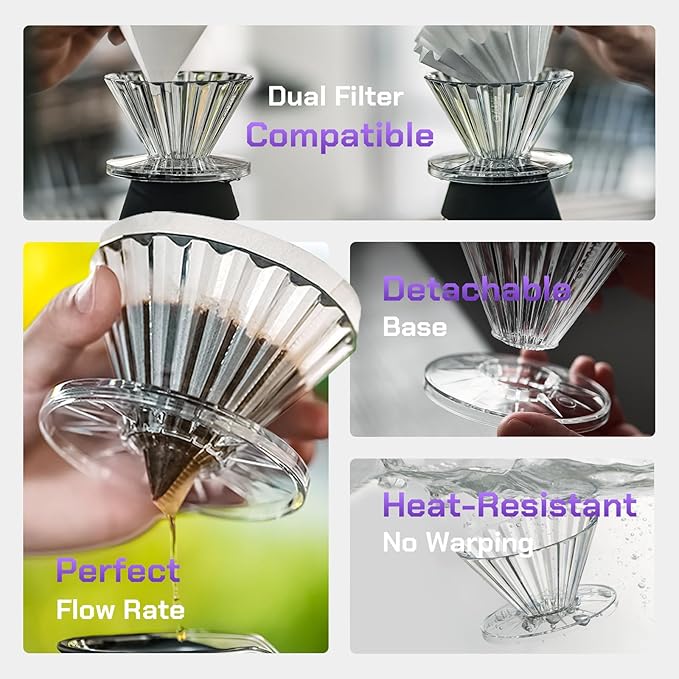 MAVO Pour Over Coffee Dripper, Detachable Hand Drip Brewer, Pour Over Coffee Maker, Compatible with V01 Paper Filters & Wave Filter 155