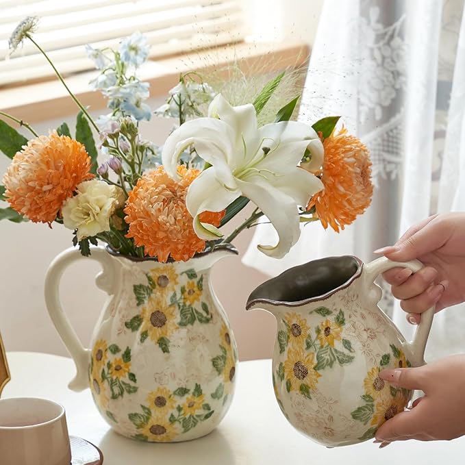 Vintage Vase with Handle, 6 Inch Ceramic Pitcher Sunflower Floral Vase, Rustic Farmhouse Vases for Grandma Core Home Decor, Bookshelf Office Tuscan Decor (Small Teapot)