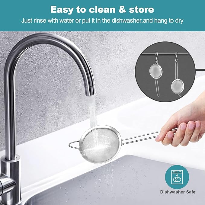 2 Pack Fine Mesh Strainer, Small Stainless Steel Sieves with Handles, for Steeping Loose Leaf Tea, Straining Cocktail, Juice and Sifting Flour, Powdered Sugar (2pcs)