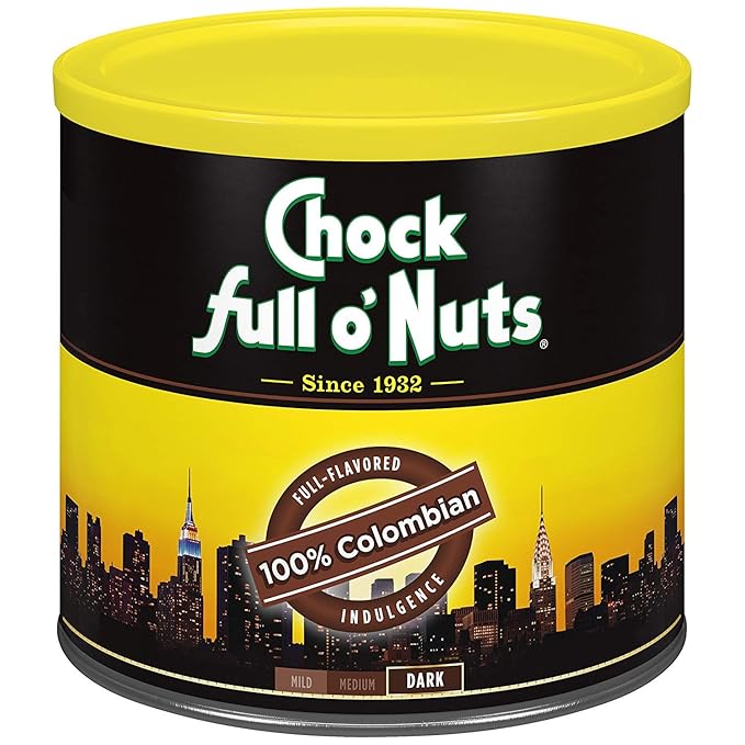 Chock full o’Nuts Colombian Ground Coffee – Premium Beans in Recyclable Steel Can – Rich Flavor & Aroma, Dark Roast – Perfect for Drip, Pour-Over, Percolator – 24 Oz Can