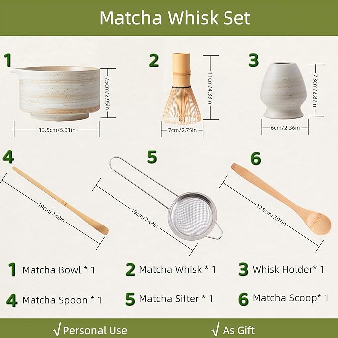 Matcha Whisk Set, Ceramic Matcha Set with Bowl, Matcha Whisk and Holder, Sifter, Bamboo Spoon, Scoop, 6Pcs Ceremony Matcha Kit for Tea Lovers Making Breakfast/Latte