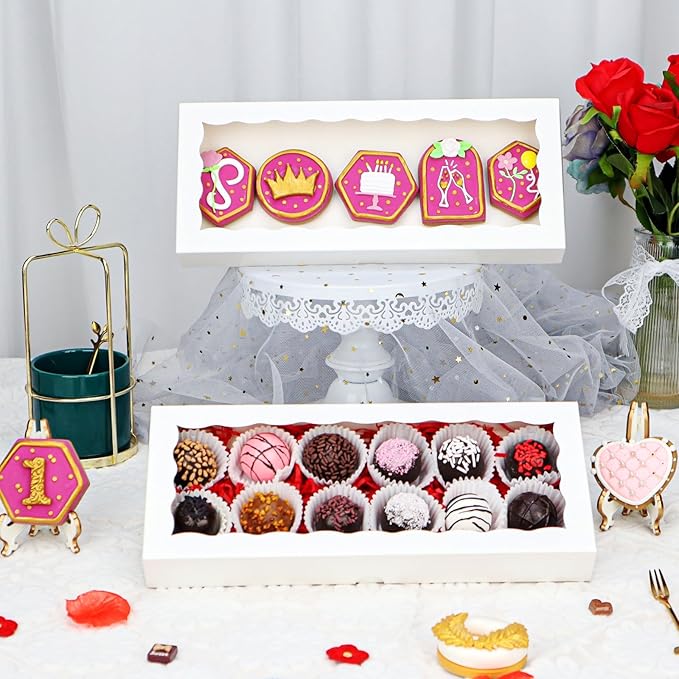 50PCS 12x5x1.5 Inch Cookie Boxes with Window Chocolate Truffle Brownie Packing Bakery Pastry Gift Boxes for Soap,Dount,Browine Cake,Treat Boxes for Party Favors Christmas