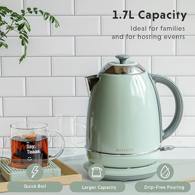 BUYDEEM K640 Stainless Steel Electric Tea Kettle with Auto Shut-Off and Boil Dry Protection, 1.7 Liter Cordless Hot Water Boiler with Swivel Base, 1440W, Cozy Greenish
