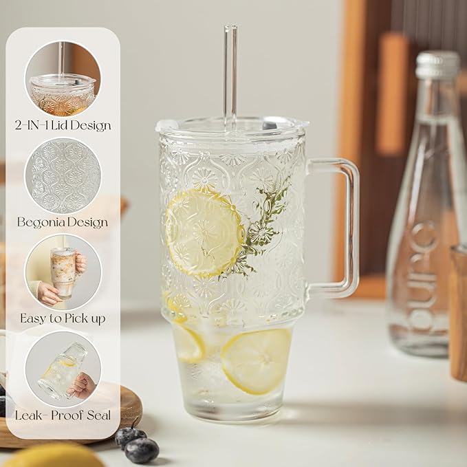 KEMORELA 6-Pack 24oz Glass Tumblers with Straws & Lids, Begonia Floral Iced Coffee Cups with Handles, Reusable Smoothie Glasses, Dishwasher Safe Cold Drinkware Set, BPA-Free Straws Included