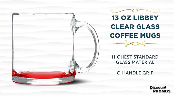 Libbey Clear Glass Coffee Mugs 13 oz. Set of 10, Bulk Pack - Perfect for Coffee, Tea, Espresso, Hot Cocoa, Other Beverages - Red Bottom