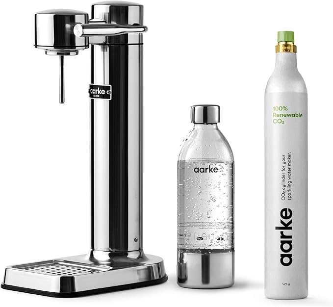 Aarke Carbonator lll with CO2 Cylinder, Sparkling & Carbonation Water Machine, Stainless Steel with PET BPA-Free Reusable Bottle Volume 1L/34 fl oz (Stainless Steel)