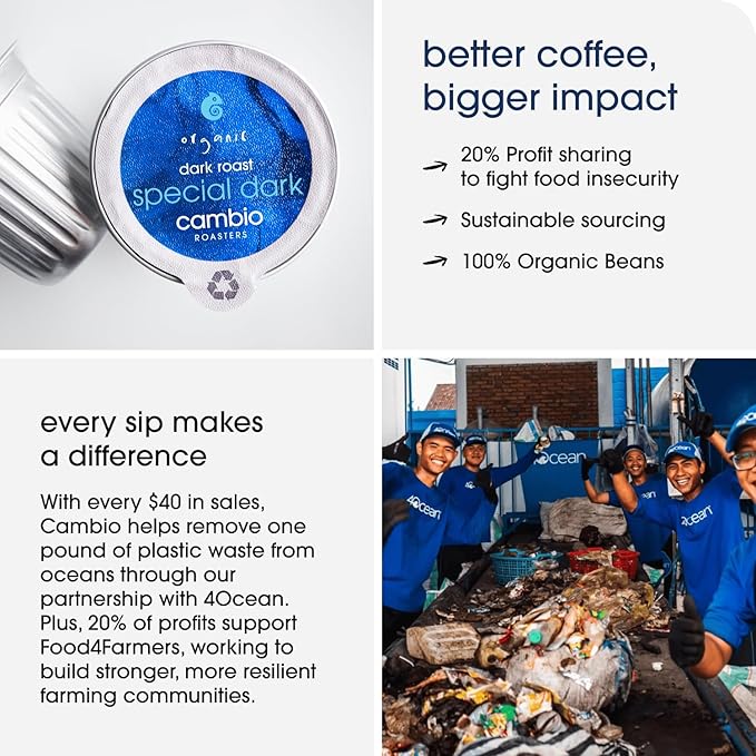 Cambio Roasters® Dark Roast Coffee Pods Recyclable Aluminum K Cup Dark Roast Coffee Pods Dark Roast, 10 Count, KCup Compatible, 100% Arabica Beans