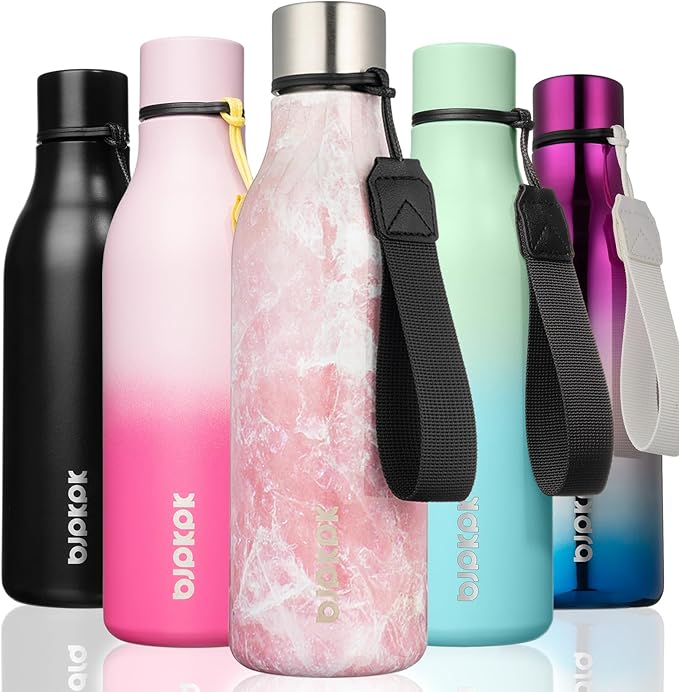 BJPKPK Insulated Water Bottles, 18 oz Stainless Steel Metal Water Bottle with Strap, BPA Free Leak Proof Thermos, Mugs, Flasks, Reusable Water Bottle for Sports& Travel, Blossom