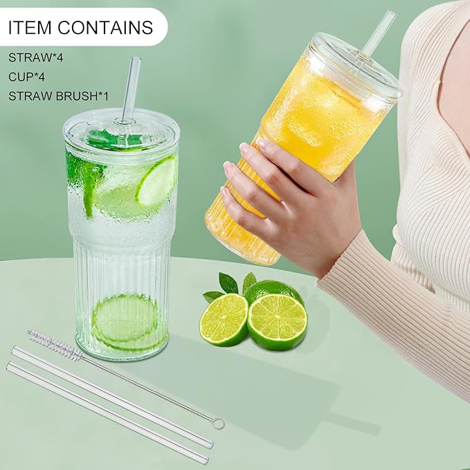 Glass Cups with Lids and Glass Straws, High Borosilicate 20OZ Tumblers (4Pcs) for Coffee, Tea, Juice, Smoothies, Hot/Cold Drinks at Home, Office