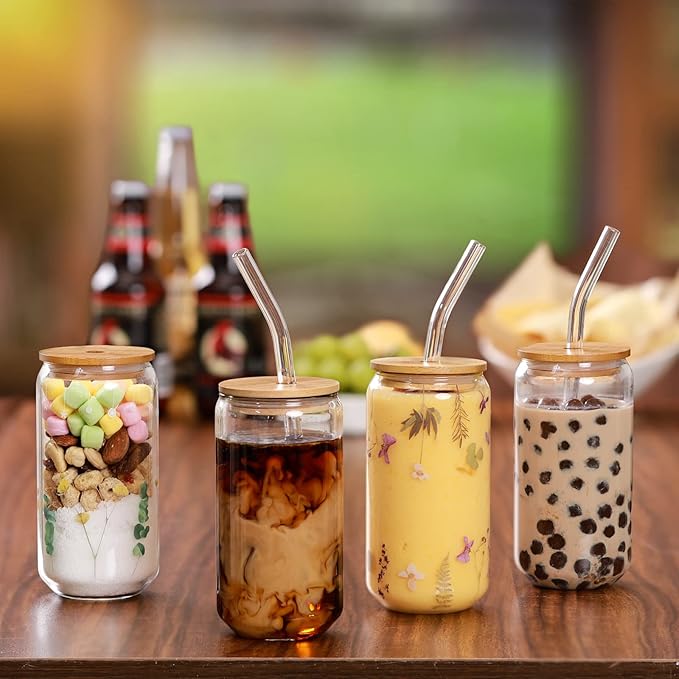 NETANY 2 Pack Glass Cups with Bamboo Lids and Straws 16 oz, Gifts for Women, Drinking glasses set, Iced Coffee, Tea Cup, Cute Aesthetics Tumbler Cup, Mothers Day, Birthday Gifts for Her Mom