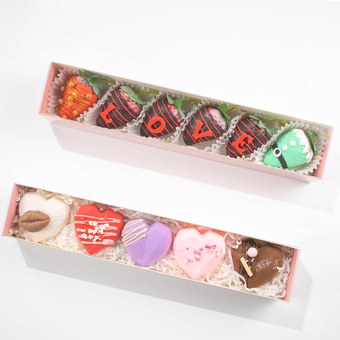 50Pack Strawberry Boxes - 12x2.2x2 Inch with Clear Window for Macaron, Chocolate Truffle, Cookie & Bakery Boxes