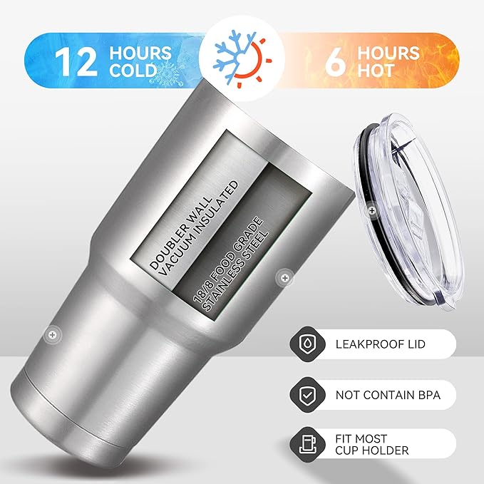 30 oz Tumbler with Lid Stainless Steel Tumblers Bulk Vacuum Insulated Cup Reusable Powder Coated Travel Mug Double Wall Leak Proof Cups Keep Cold Drinks for 12 Hours Stainless, Set of 4
