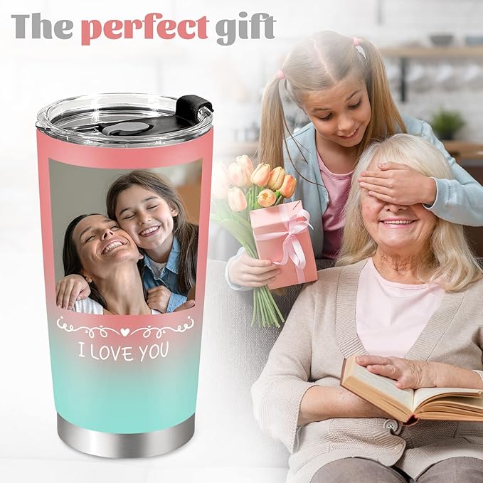 Personalized Coffee Tumbler with Pictures Text, 20oz Custom Insulated Stainless Steel Tumbler, Customized Christmas Birthday Gifts for Women Men, Custom Travel Coffee Cup with Lids