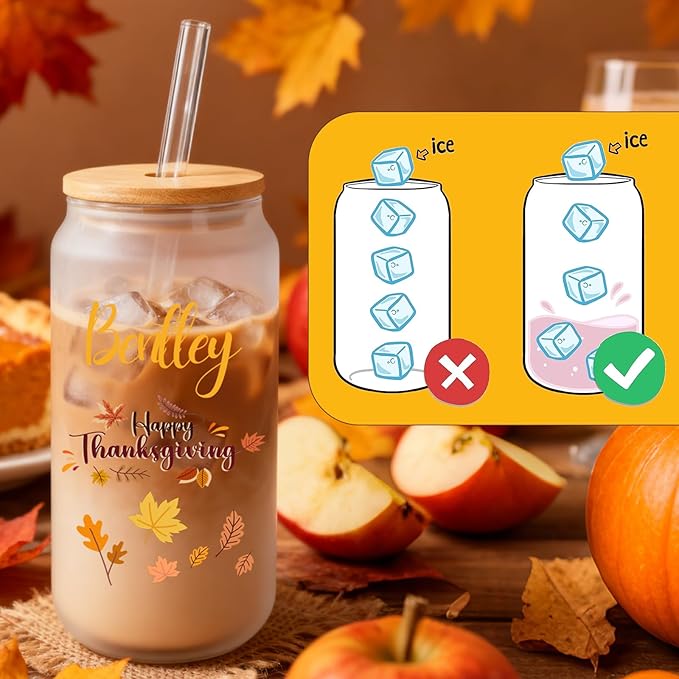 Mason Life Personalized Thanksgiving Gift Glass Cup Personalized with Name-Can Shaped Glass with Lids and Straws-18OZ Iced Coffee Cups