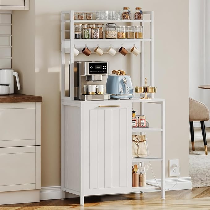 YITAHOME Bakers Rack with Storage Microwave Stand with Trash Can Bin Cabinet and Power Outlet 6-Tiers Coffee Stand Large Microwave Table for Kitchen Dining Room Living Room White