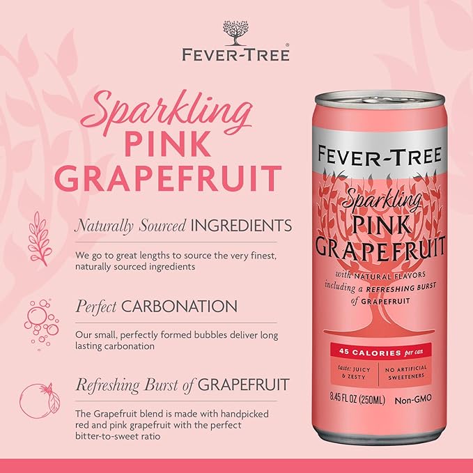 Fever-Tree Sparkling Pink Grapefruit - Premium Quality Mixer - Refreshing Beverage for Cocktails & Mocktails. Naturally Sourced Ingredients, No Artificial Sweeteners or Colors - 8.5 Fl Oz Cans - Pack of 4
