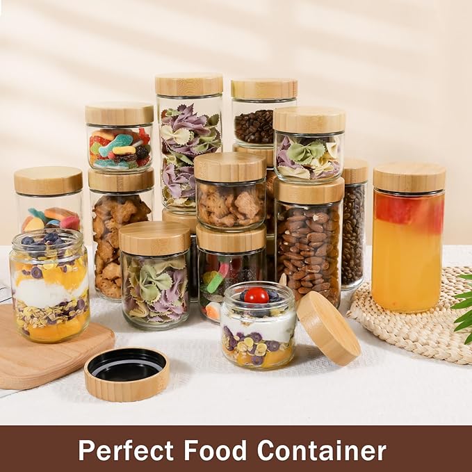 OcePor 6 Pack 10oz Glass Jars with Bamboo Lids, Over Night Oats Container with Airtight Lid, Glass Snack Storage Salad Jars For Food, Yogurt, Sugar and Flour,Coffee Bean, Cookie, Cereal