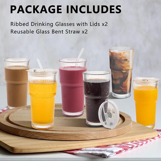 20oz Ribbed Glass Cups with Lids and Straws 2 Set, Vintage Glassware for Whiskey Cocktail Beer, Glass Tumbler, Iced Coffee Cups For Cold Drinks, Smoothie, Juice,Drinking (6)