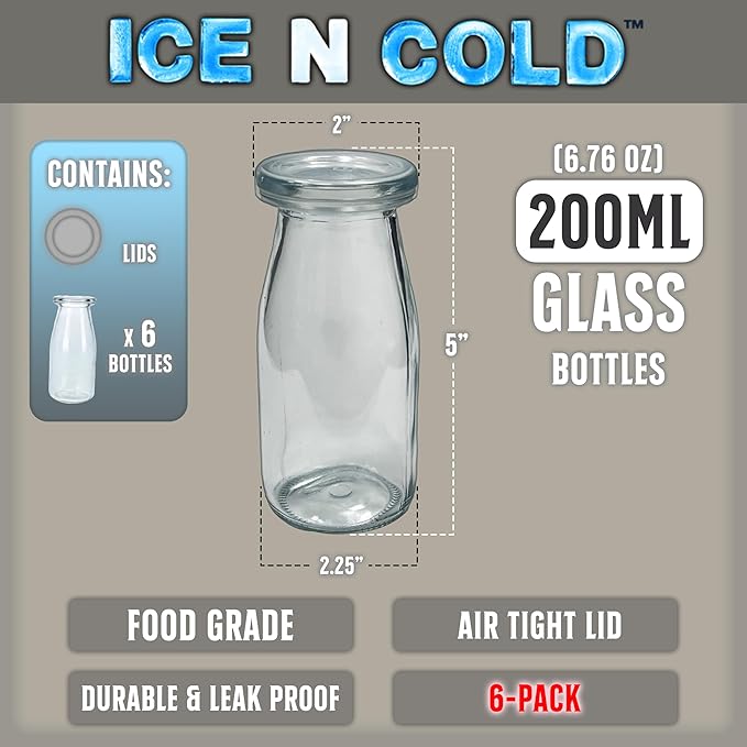 6.76 oz / 200ml Vintage Glass Bottle with Leakproof Clear Lid, Reusable & Eco-Friendly – Ideal for Milk, Juices, Smoothies, Infused Water, BPA-Free Glass Bottle (6-Pack)