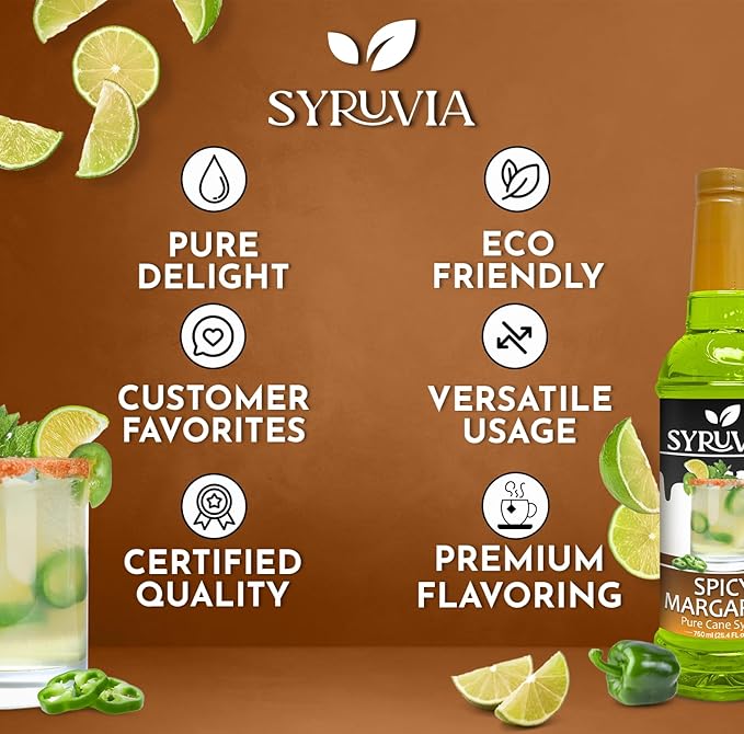 Syruvia Spicy Margarita Mix Syrup For Drinks 25.4 Oz. - Kosher & Gluten Free, No Coloring, Perfect for Drinks, Soda, Shakes, Desserts, and More.