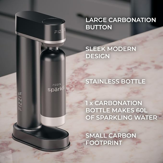 Black Stainless Steel Sparkling Water Maker Soda Machine Includes 1L Stainless Steel Black Bottle and 1 C02 Cylinder