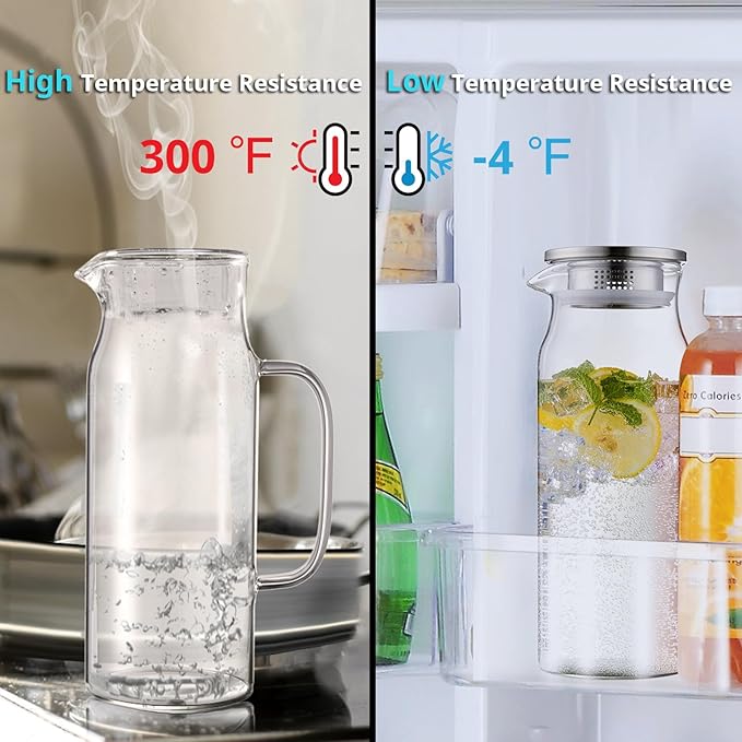 1.6 Liter 54 oz Glass Pitcher with Lid and Spout, Bivvclaz Glass Carafe Water Pitcher for Hot/Cold Water, Iced Tea, Drinks, Coffee, Juice and Homemade Beverage