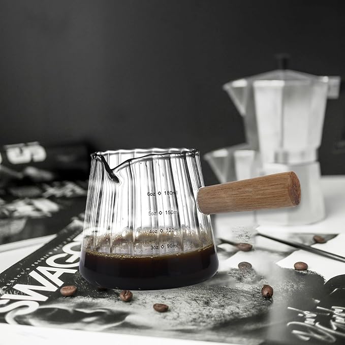Espresso Measuring Cup 6 Oz, Espresso Glass Cups with Wood Handle, Milk Frothing Cup, Espresso Cup for Coffee, Milk, Tea or Maple Syrup Serving