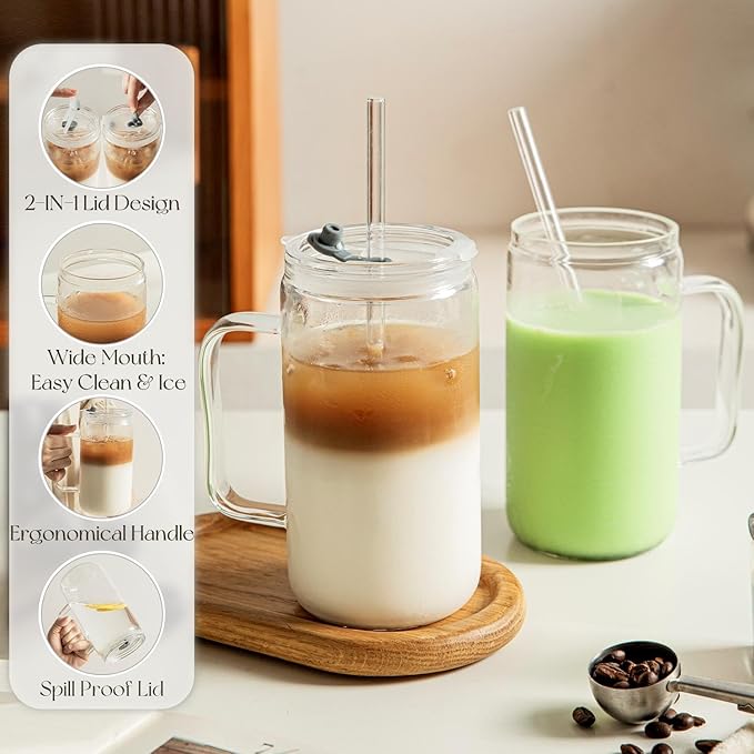 24oz Glass Tumbler with Lid and Straw - Leak Proof Travel Cup with Handle, Reusable Drinking Glass for Iced Coffee, Smoothies & Tea, Dishwasher Safe Spill-Proof Water Bottle for Home, Office, Gym