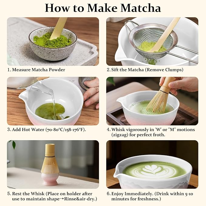 Matcha Whisk Set 7 PCS Pink Matcha Whisk Set Japanese Matcha Tea Set with Ceramic Bowl Bamboo Chasen Whisk Holder Spoon Stainless Steel Strainer Matcha Kit for Matcha Lovers