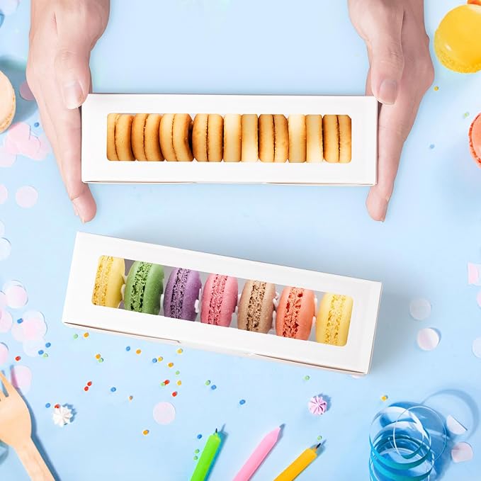 20 Pack Macaron Boxes with Window - 7.3x2x2 in Macaron Packaging Containers Holds 6-8 pcs, Small Cookie, Candy and Truffle Boxes for Gift Giving